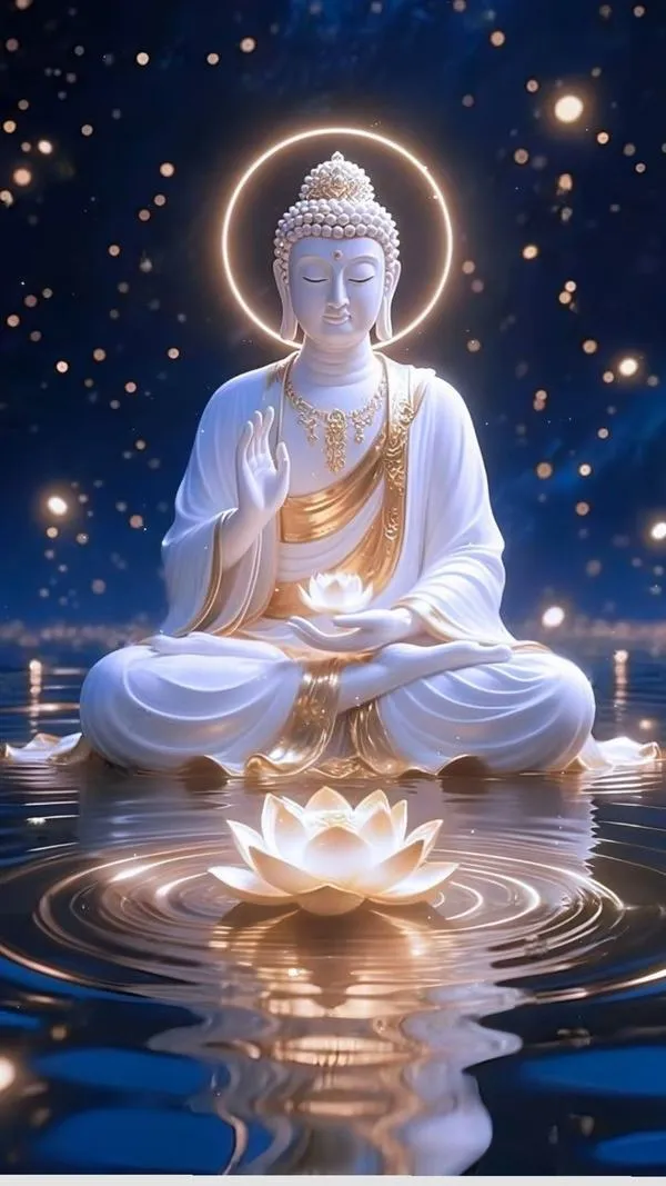 Hình nền điện thoại tượng Phật trắng, nhụy sen vàng trước ngực, viền hoa văn tinh gọn trang nhã.