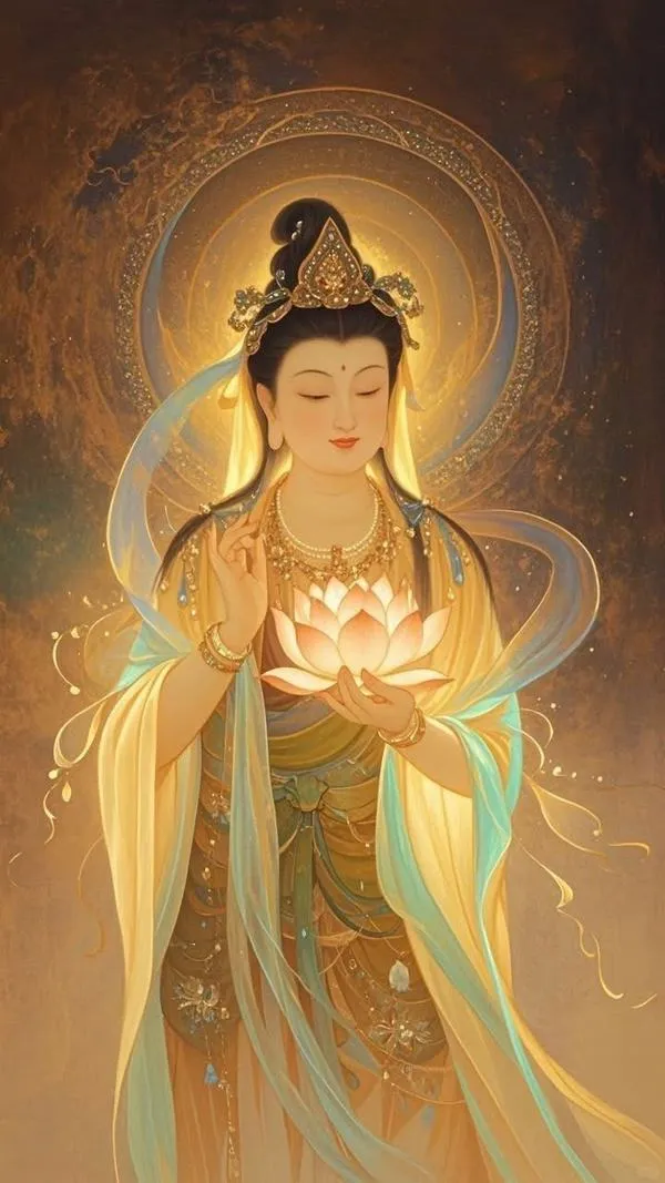 Ảnh nền A Di Đà Phật ngồi tĩnh, đài sen sáng, nền mây lam, cảm giác an ổn lâu.