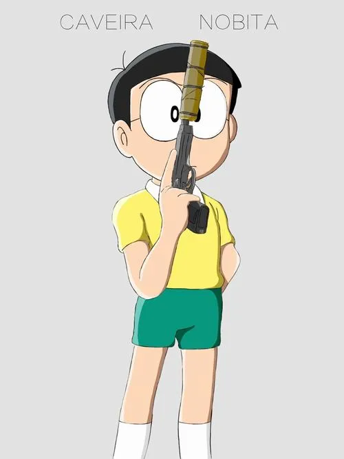 Ảnh fanart Nobita đứng thẳng với máy ảnh, màu pastel nhẹ, cảm giác trong trẻo