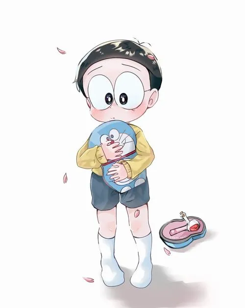 Hình Nobita chibi ôm đồ chơi, nét vẽ mềm, hợp đặt làm hình nền dễ thương