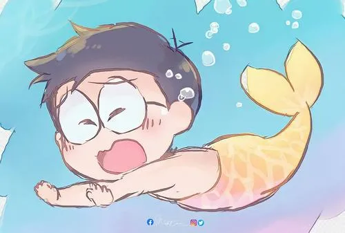 Ảnh fanart Nobita nàng tiên cá, nền xanh mát, giấc mơ tuổi thơ rất dịu