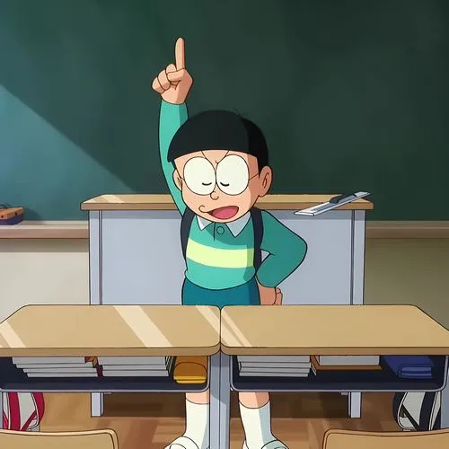 Hình Nobita trong lớp học giơ tay, bàn ghế gỗ, hợp làm ảnh nền học tập