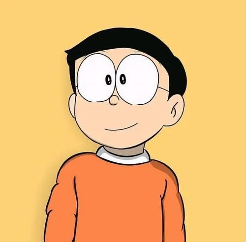 Hình Nobita nền cam, kính tròn sáng, nụ cười hiền kiểu anime dễ thương