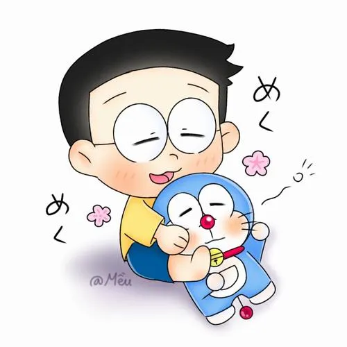 Hình Nobita ôm Doraemon, nét vẽ chibi mềm, cảm giác ấm như ôm gối
