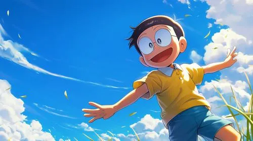 Ảnh fanart Nobita chạy trên bãi biển, trời xanh rộng, vibe tự do rất đẹp