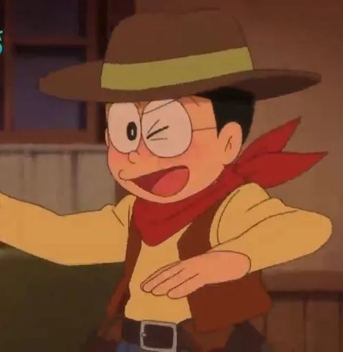 Ảnh fanart Nobita hóa cao bồi, khăn đỏ bay, dáng nhí nhảnh mà ngầu