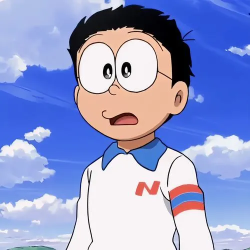 Hình Nobita áo trắng nền trời, mắt tròn ngạc nhiên, hợp làm ảnh bìa nhẹ nhàng