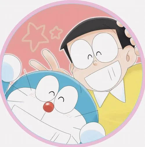 Ảnh Nobita và Doraemon trong bong bóng hồng, nét vẽ vui, đúng chất tuổi thơ