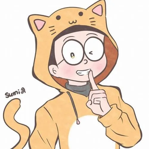 Ảnh fanart Nobita mặc áo hoodie mèo, tay đặt lên môi, cute mà hơi ngầu