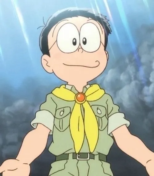 Tải ảnh Nobita trang phục hướng đạo sinh, khăn quàng vàng, dáng hiền khô đáng yêu
