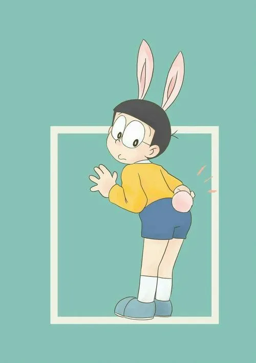 Hình nền Nobita đội tai thỏ, khung trắng tối giản, nhìn cưng và sạch mắt