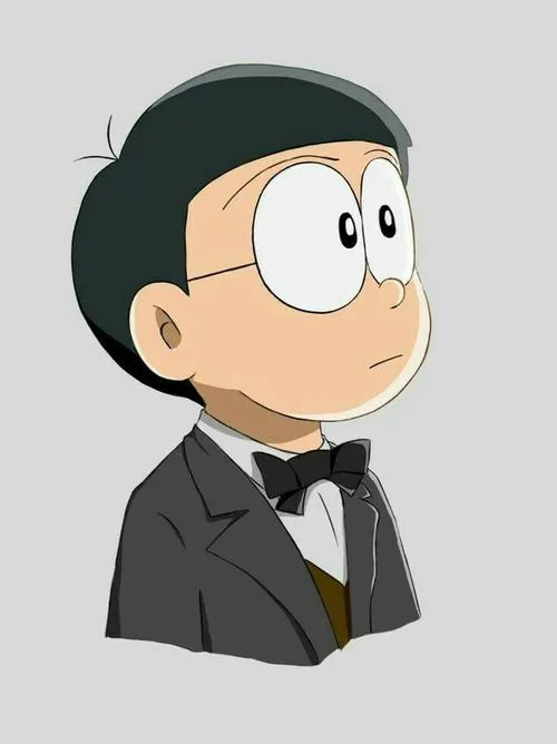 Hình Nobita mặc vest lịch sự, kính tròn nổi bật, hợp làm avatar gọn gàng