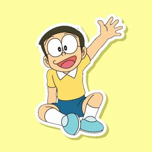 Hình nền điện thoại Nobita chibi giơ tay chào, nền vàng sáng, nhìn rất cute