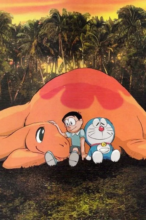 Hình Nobita và Doremon trú dưới lều cam, nền hàng dừa, cảm giác hoài niệm bình yên