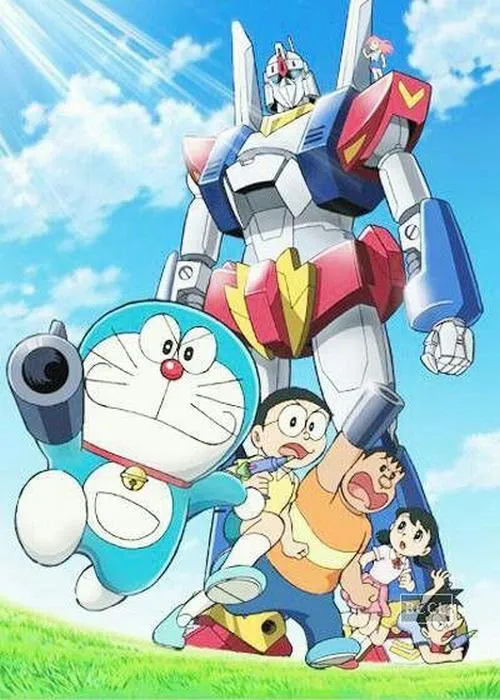 Ảnh bìa anime Doremon cùng Nobita bay cạnh robot lớn, trời xanh rộng, nhìn vừa ngầu vừa vui