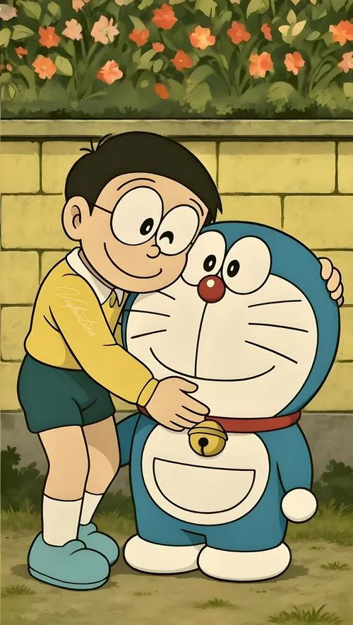 Hình đẹp cảnh Nobita ôm Doremon trong nhà, nét tròn dễ thương, cảm giác được che chở