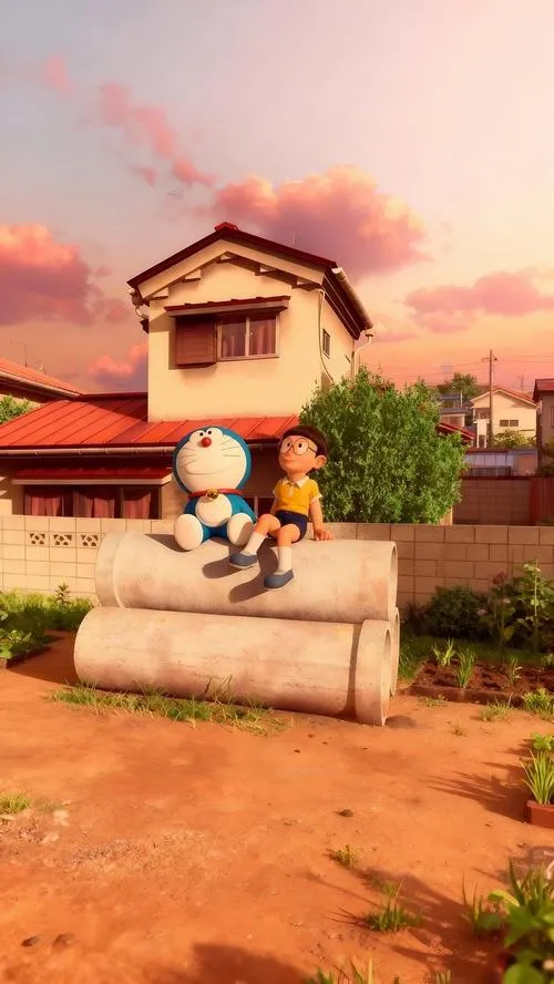 Hình cảnh quê yên ả, Nobita ngồi nghỉ gần giếng, nắng đỏ, hợp làm hình nền điện thoại