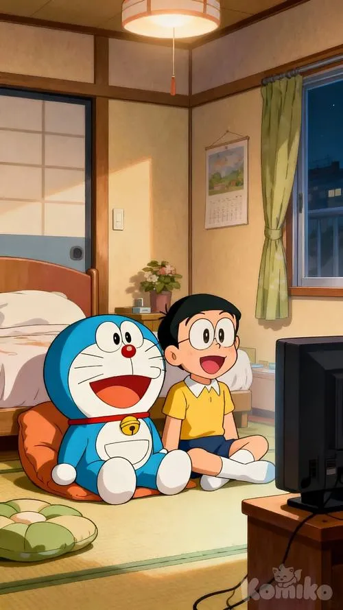 Ảnh bìa cảnh trong nhà kiểu Nhật, Doremon và Nobita ngồi cạnh nhau, ấm áp như ở nhà