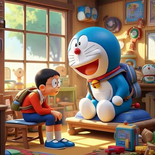 Hình trong lớp học, Doremon ngồi cạnh bàn, Nobita đeo cặp, hợp avatar học đường dễ thương