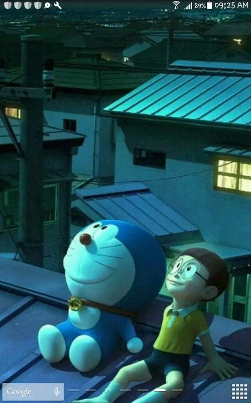 Hình đêm trên mái nhà, Doremon nằm gần Nobita, ánh xanh sâu, hợp làm hình nền ngủ yên
