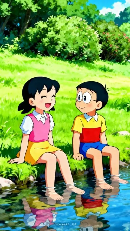 Ảnh fanart Nobita và Shizuka đứng sát vai, ánh mắt bối rối, tông màu ấm như lời hứa nhỏ