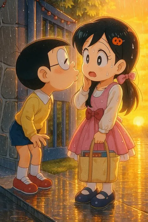 Tải ảnh khoảnh khắc che ô cùng nhau, hoa trên tay, vibe dễ mến và ngại ngùng đáng yêu