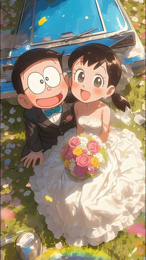 Hình nền điện thoại Nobita Shizuka ngồi ghế đá dưới trăng, không khí hoài niệm nhẹ nhàng