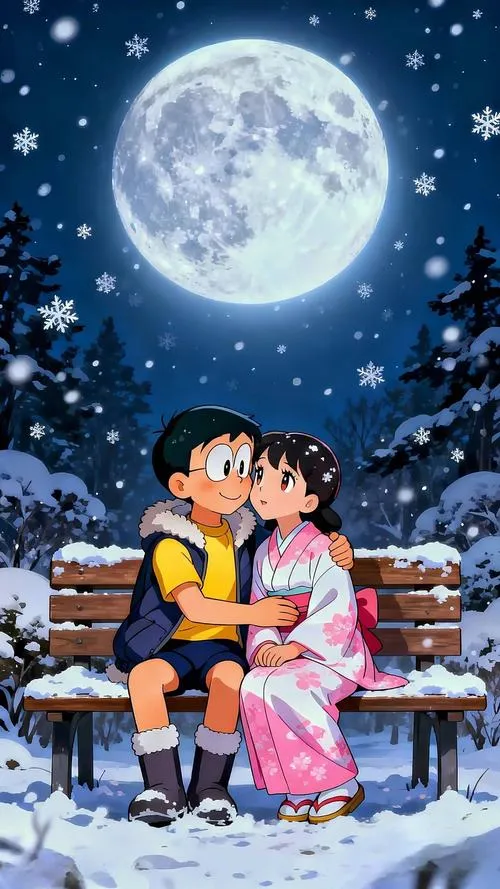 Ảnh đôi Nobita Shizuka trong mưa phùn, ô nghiêng sát, cử chỉ quan tâm âm thầm rất đẹp