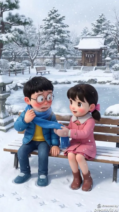 Ảnh anime Shizuka ôm nhẹ Nobita, Doraemon bên cạnh, tông vui tươi và cute tự nhiên
