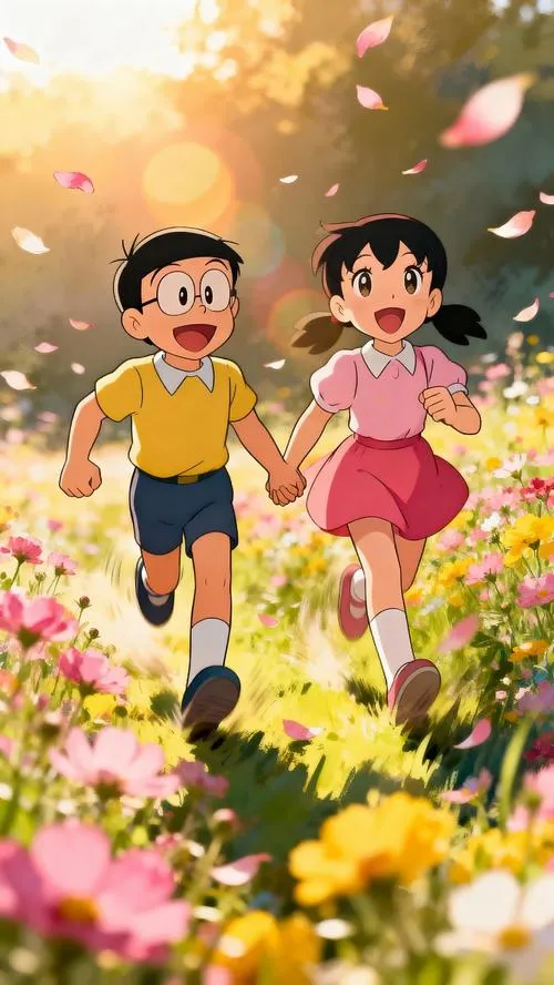 Hình nền Nobita Shizuka ngồi ngắm bầu trời sao, khoảng cách sát vai, cảm giác chữa lành