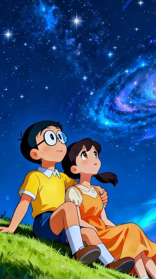 Ảnh cưới anime của Nobita và Shizuka, trang phục chỉnh tề, gợi tương lai từ tình bạn bền