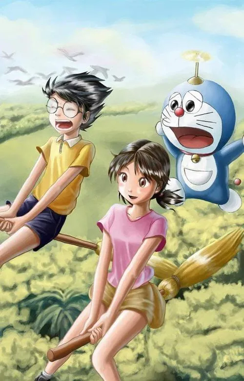 Ảnh anime Shizuka ngồi cạnh Nobita trên đồi cỏ, Doraemon cười vui, vibe nhẹ nhàng