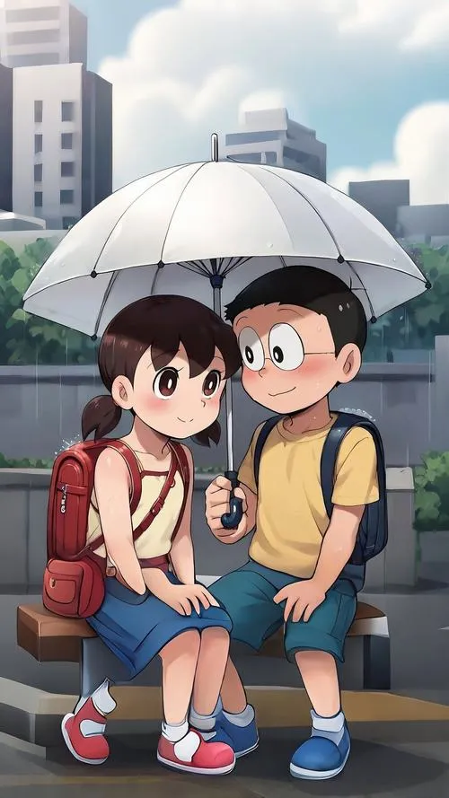 Ảnh fanart Nobita Shizuka ngồi ghế đá, ô trắng phía sau, không khí yên và dịu