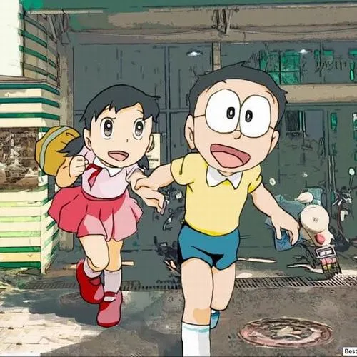 Hình ngầu Nobita chạy cùng Shizuka trên phố, khoảnh khắc rượt đuổi vui như tuổi học trò