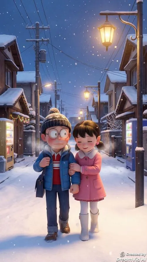 Hình mùa đông hai bạn đi dưới đèn đường, tuyết rơi, cử chỉ quan tâm nhỏ làm ấm khung hình