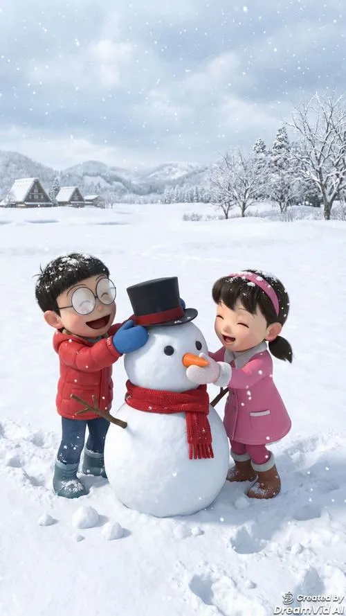Hình nền mùa đông nặn người tuyết cùng nhau, cười đùa, khoảnh khắc đời thường rất cute