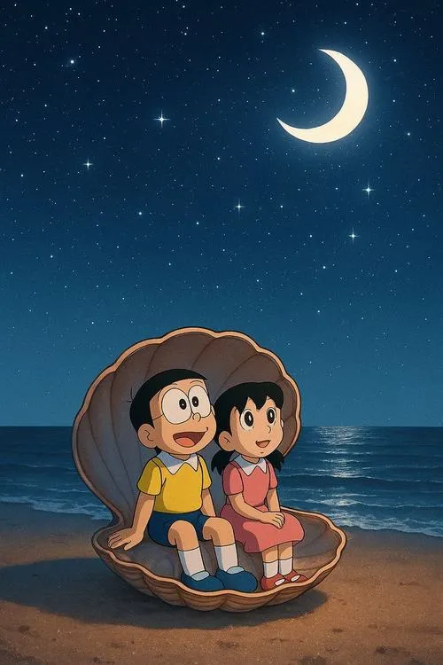 Hình nền điện thoại dưới hoa nở, Nobita đưa quà nhỏ cho Shizuka, vibe trong sáng và ấm áp