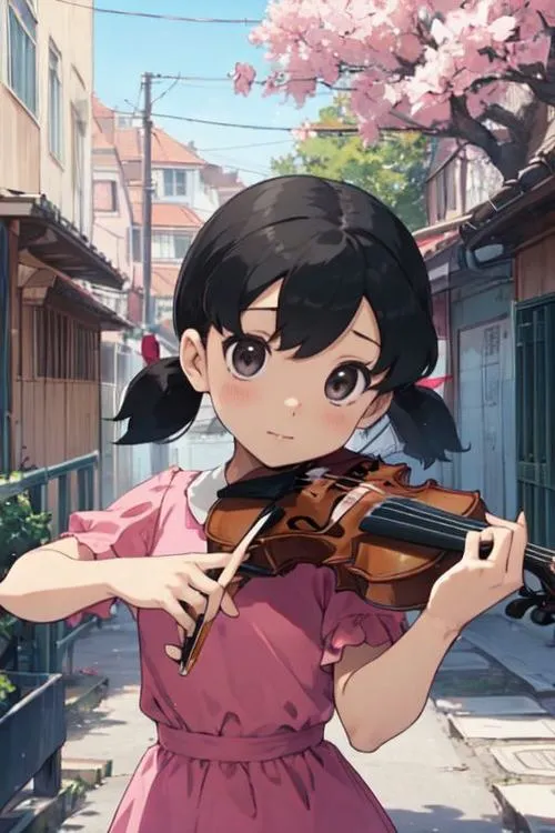 Sue kéo vĩ cầm ngoài phố, nền hoa anh đào, trang phục hồng tím, tạo vibe thanh lịch