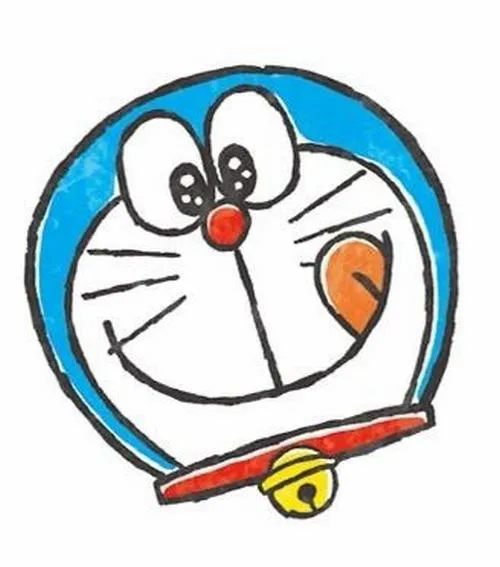 Doraemon giơ tay chào, vòng cổ đỏ chuông vàng nổi bật, viền nét đều dễ tô