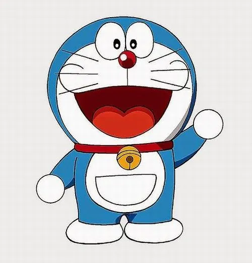 Doraemon cười há miệng kiểu chữ U, lưỡi hồng nhỏ, phối màu dịu mắt cho bé