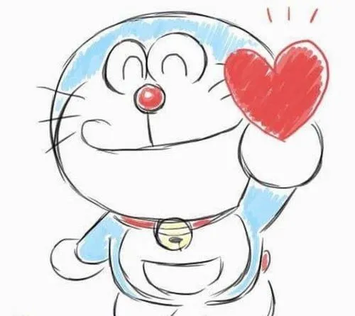 Hình Doraemon cười miệng cong, mũi đỏ tròn, râu ba sợi, tô mảng gọn gàng