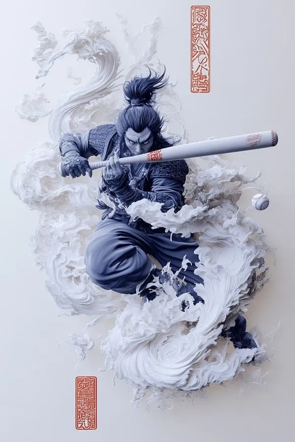 Hình nền điện thoại kiếm khách mực lam, nét loang mạnh, bóng đổ nhẹ, cảm giác lạnh ngầu