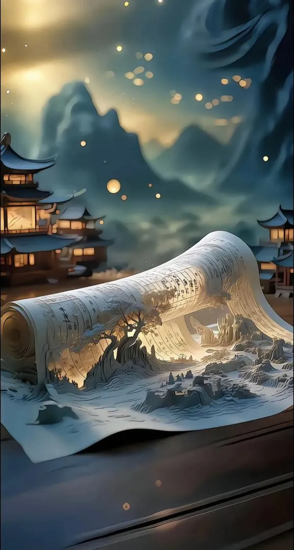 Chiếc thuyền lướt sóng dưới trăng, đèn xa mờ, sắc xanh đậm, ánh sáng viền huyền ảo