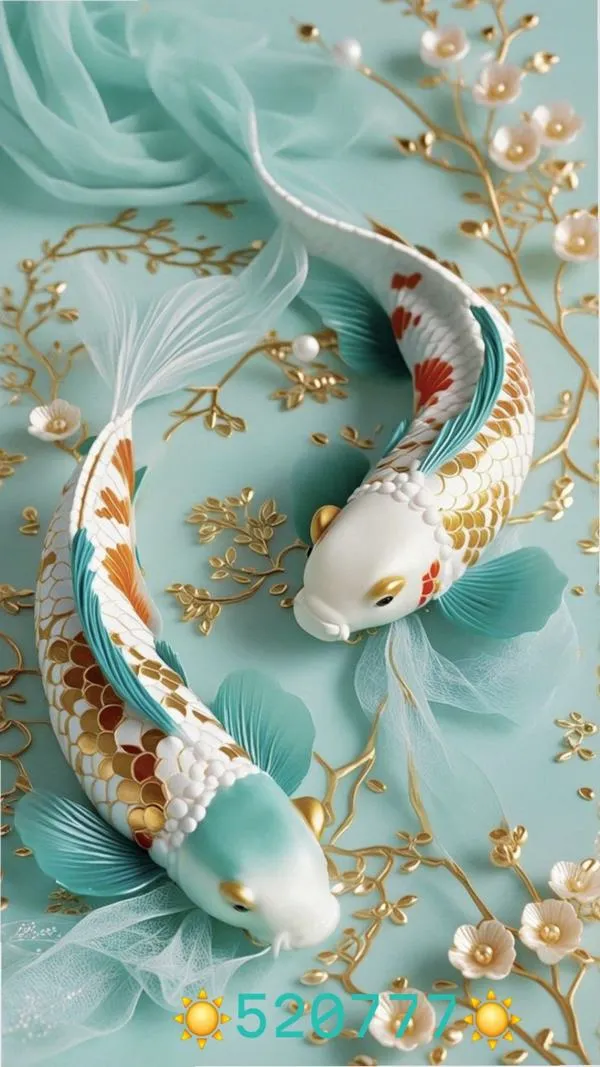 Wallpaper cá chép bơi giữa nền ngọc lam, hoa lá nổi khối, hạt sáng nhỏ bay lấp lánh