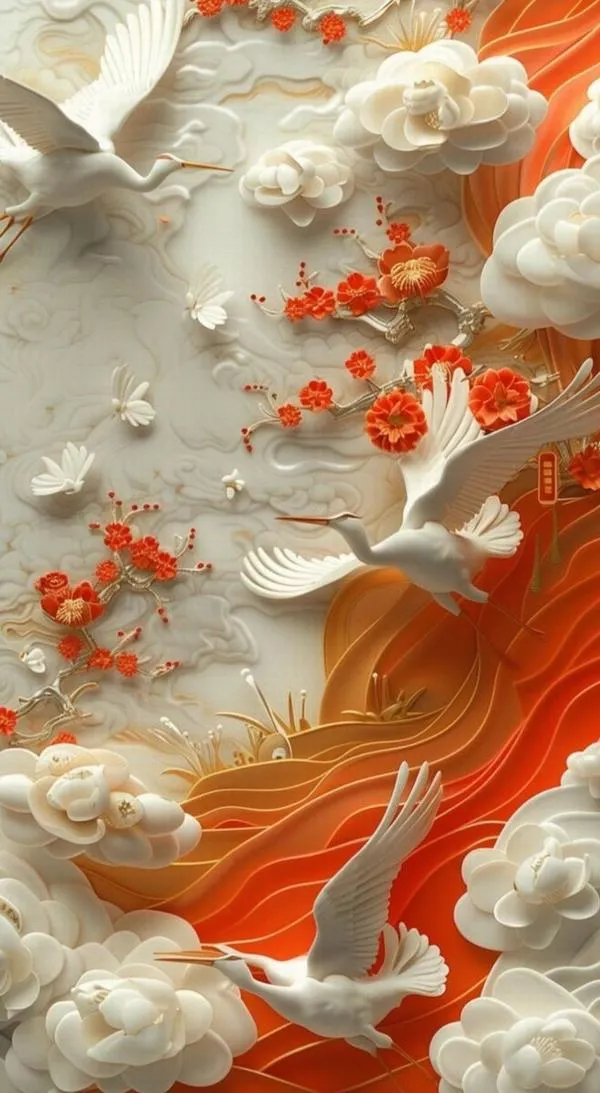 Hình nền cá chép cam đỏ quẫy giữa mây trắng, điểm nhấn rực, nổi khối rõ và sắc