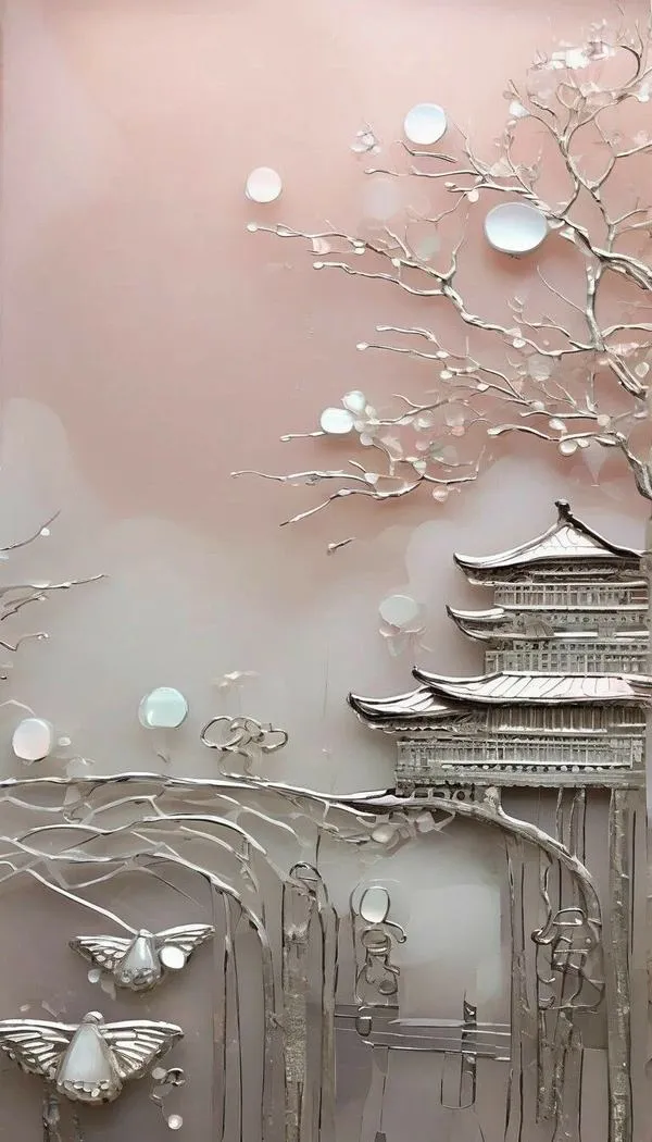 Ảnh màn hình chờ phù điêu hồng phấn, mái đình chìm nổi, sương mờ nhẹ, tĩnh và sang