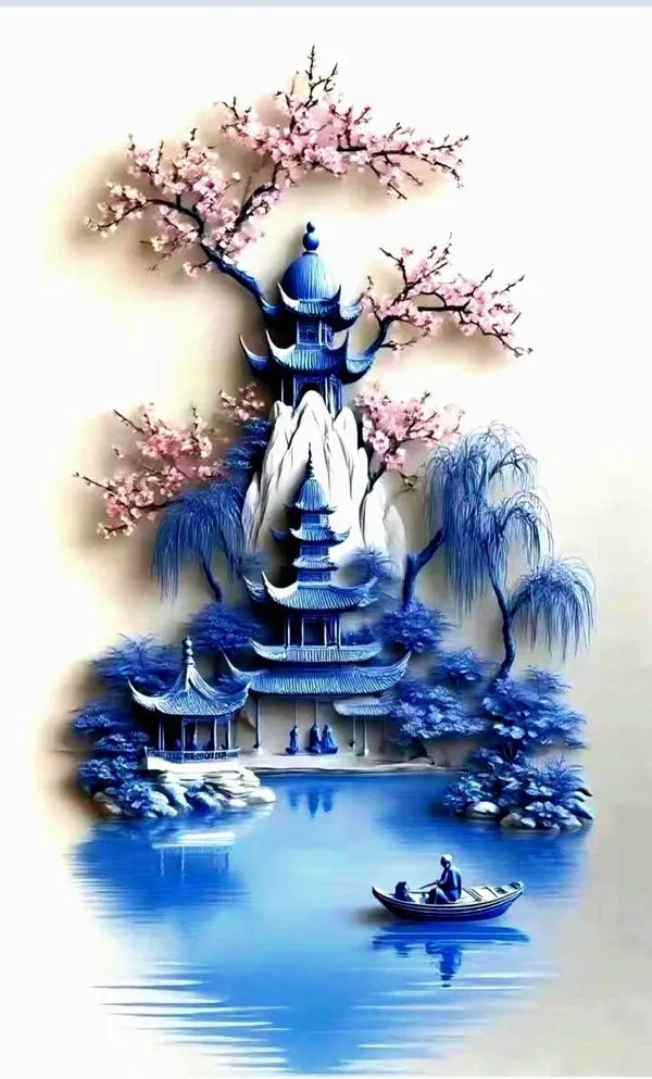 Hình nền đẹp 3D cảnh núi nước xanh, mái chùa xa, mực loang mạnh, điểm sáng nhẹ