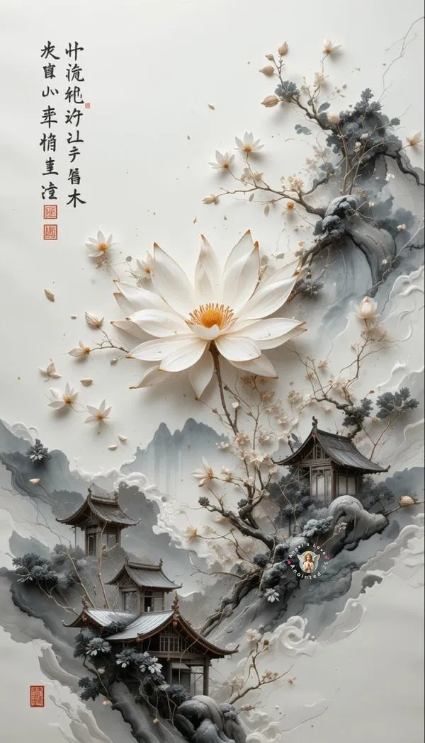 Hoa sen trắng trên núi mực xám, lớp sương mỏng, tương phản dịu, nhìn rất thanh