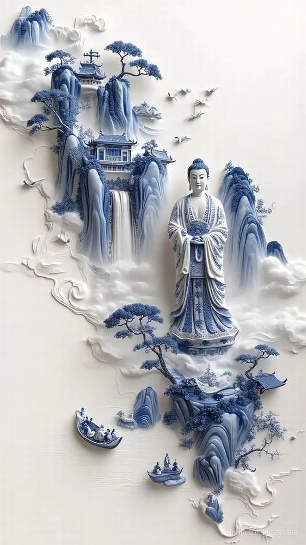 Đoàn người áo dài thủy mặc xanh, bước trên mây, khoảng trắng nhiều, cảm giác trầm