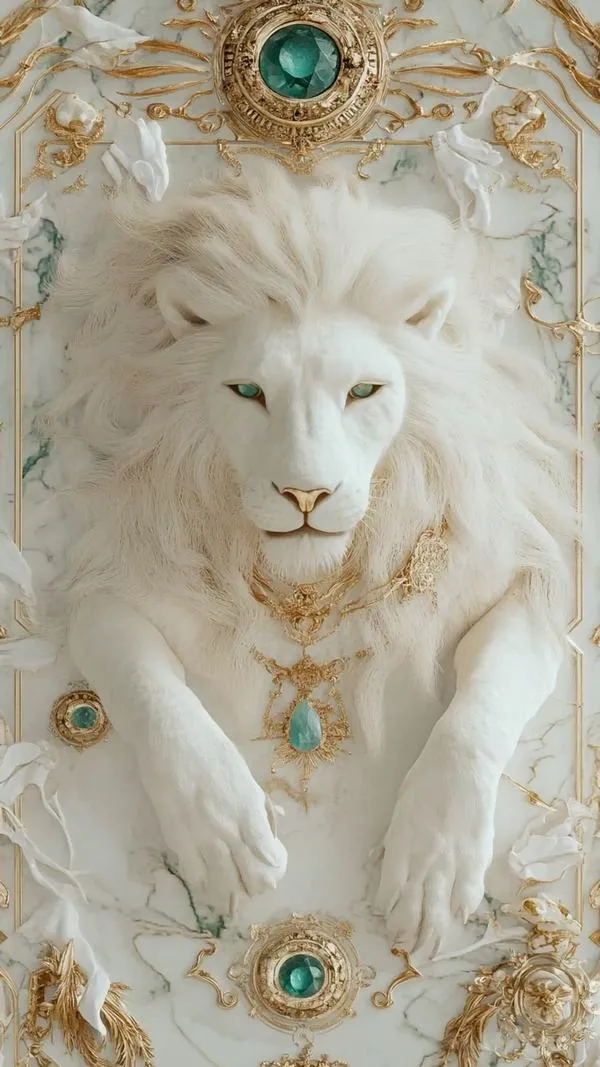 Wallpaper đầu sư tử trắng chạm nổi, ánh sáng xiên, chi tiết tinh, cảm giác uy nghi